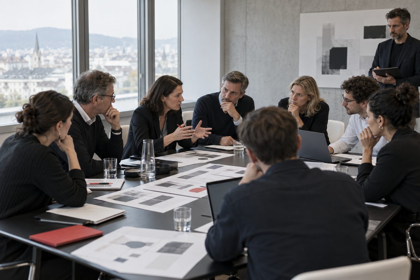 Imagen ilustrativa: un grupo de directivos conversa alrededor de una mesa con tableros de escenario impresos, con un facilitador de pie a un costado.