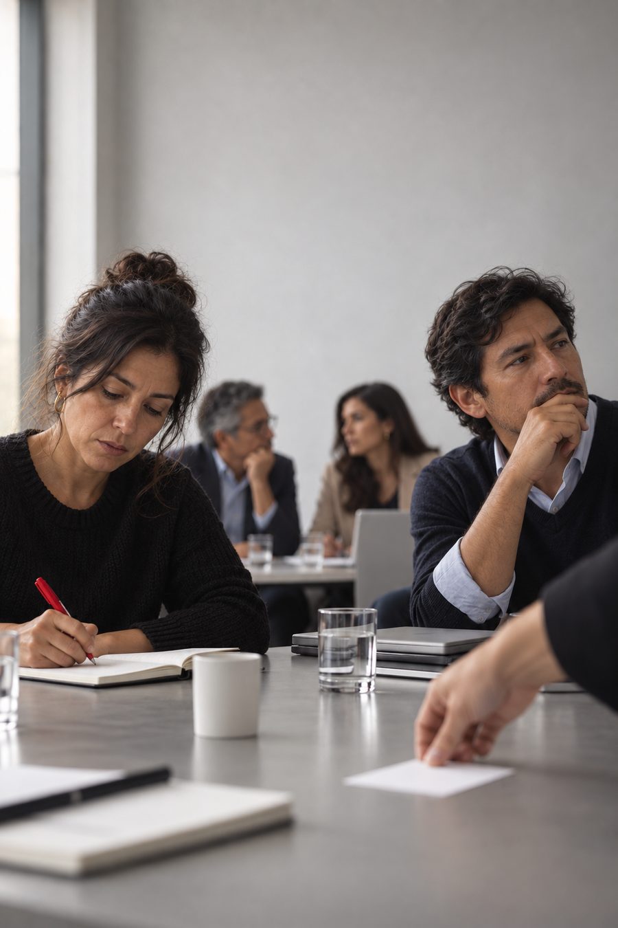 Imagen ilustrativa: dos directivos en una mesa de trabajo, uno escribe en su diario de aprendizaje mientras el otro piensa.